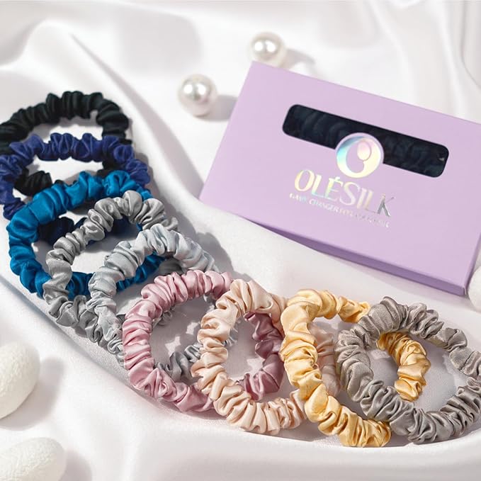 OLESILK Silk Hair Ties for Women: 100% Mulberry Skinny Silk Scrunchies, Soft Smooth No Damage No Crease for Thin Fine Curly Hair 3 Pack, Multi-1