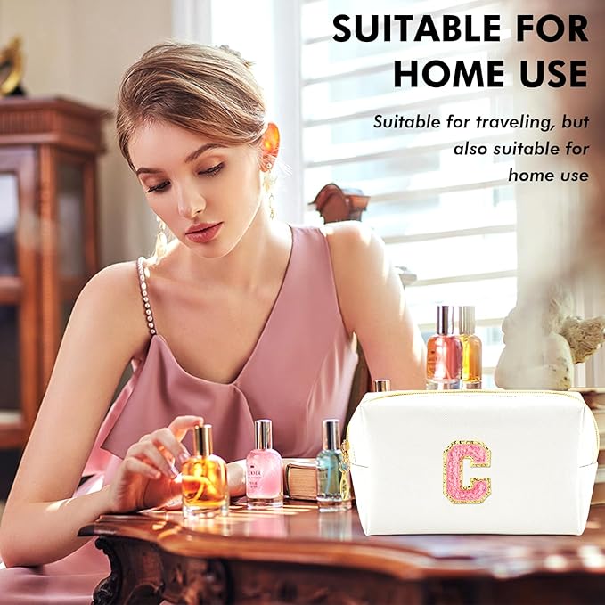 Initial Makeup Bag Personalized Preppy Travel Small Cosmetic Bag Cute PU White Chenille Letter Makeup Pouch for Purse Waterproof Zippered Toiletry Organizer for Women Girl Kid Friends(C)