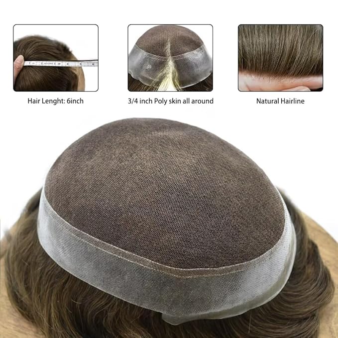 Mens Toupee Human Hair Piece French Lace Toupee for Man Hair System Indian Human Hair Replacement Systems V-Looped PU Front Hairpieces 7"X9" #410 Medium Brown with 10% Gray