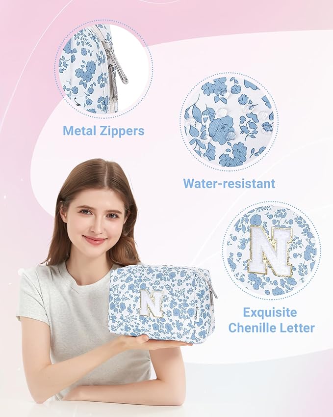 Narwey Birthday Gifts for Teen Girls Kids Women Personalized Initial Floral Makeup Bag Cute Cosmetic Trendy Stuff 6 8 10 11 12 13 14 16 18 Years Old Travel Toiletry Bag (Little Blue Flower N)