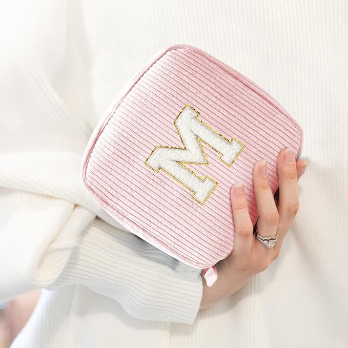 LETGO Birthday Gifts for Women Small Personalized Initial Monogram Makeup Bag,Preppy Corduroy Makeup Bags Travel Toiletry Bag Cute Pouch Purse for Her Mom Girlfriend Wife Sister Teacher Bridesmaid