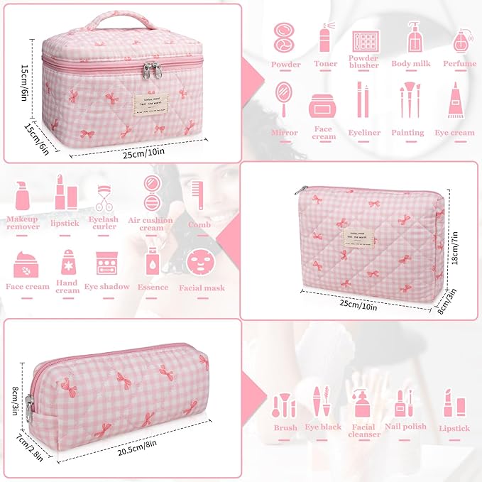 3PC Makeup Bag Set, Quilted Makeup Bag, Large Floral Cosmetic Bag for Women, Cute Cotton Makeup Bags, Flower Travel Toiletry Organizer Bag(Pink Plaid Bow)