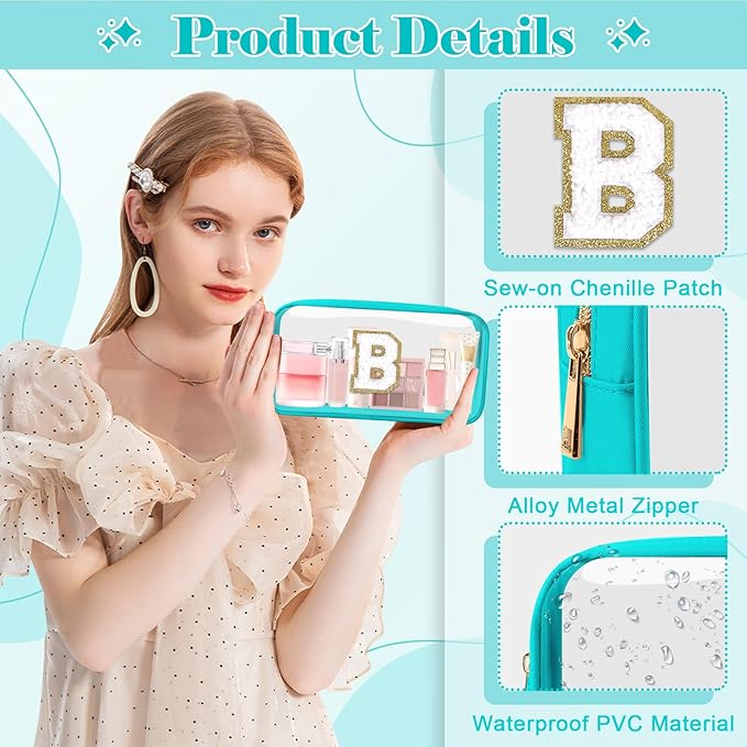 Personalized Initial Letter Clear Makeup Bag,Preppy Small Nylon&PVC Cosmetic Zipper Bag with Chenille Letter,Portable Beach Travel Skincare Toiletry Bag,Trendy Monogram Gift for Teen Girls Women,B