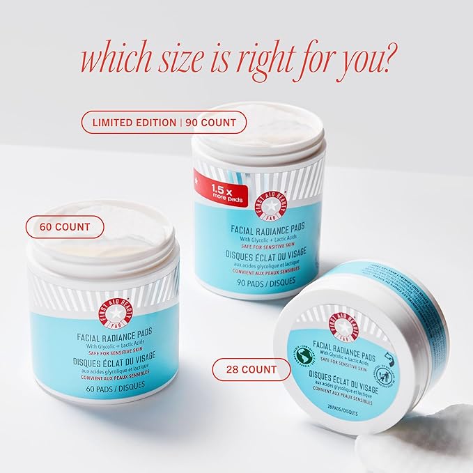 First Aid Beauty - Facial Radiance Pads with Glycolic & Lactic Acids, Daily Exfoliating Pads with AHA, Visibly Smaller Pores, Help Tone & Brighten Skin, One-Step Makeup Prep, Compostable, 60, 2ct
