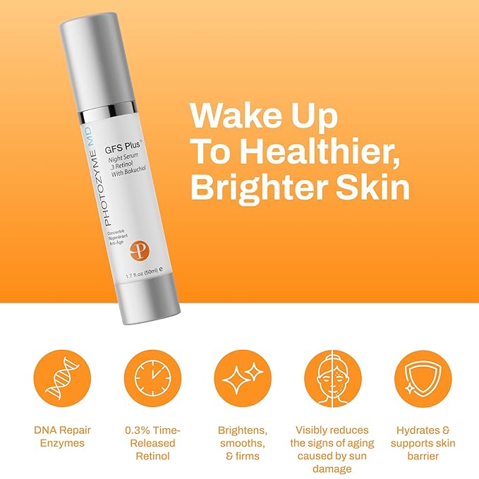 Photozyme GFS Plus Night Serum with 0.3% Retinol and Bakuchiol – Gentle Anti-Aging Peptide Formula – Reduces Wrinkles, Sun Damage & Dark Spots – Firms, Brightens & Smooths Skin – 1.7 fl oz
