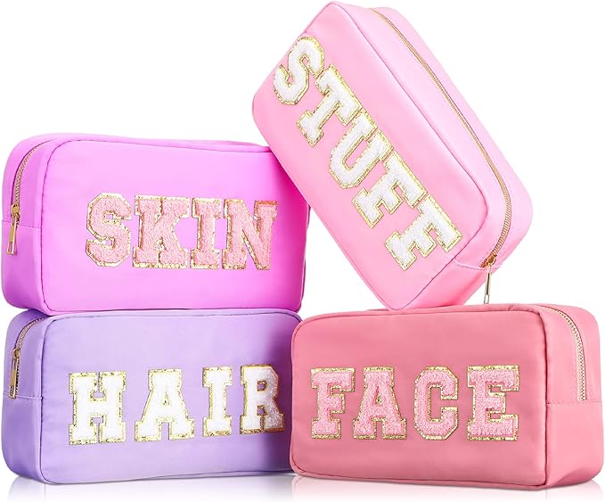 Cunno 4 Pcs Preppy Makeup Bags Chenille Letter Stuff Bag Nylon Cosmetic Pouch Cases with Zipper for Women Travel Toiletry