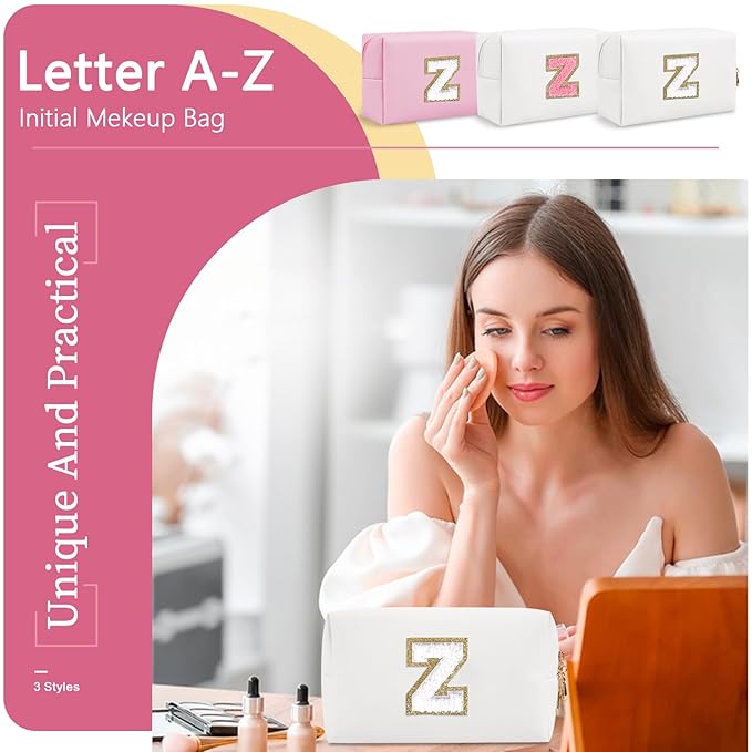 Small Personalized Initial A-Z Preppy Patch Makeup Bag,White PU Chenille Letter Travel Cosmetic Pouch with Zipper,Cute Toiletry Bag,Gift Ideal for Teen Girls Women Teacher Bridesmaid,Letter Z