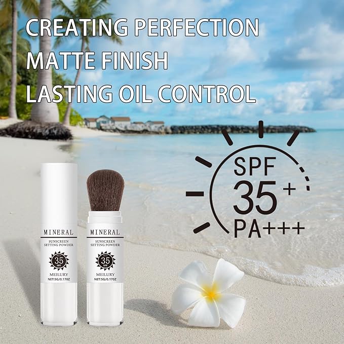 Sunscreen Setting Powder SPF 35, Mineral Brush Powder for Face & Scalp, Oil Control Natural Matte Finish Loose Powder Translucent Lasting Lightweight Breathable for All Skin (03# White)
