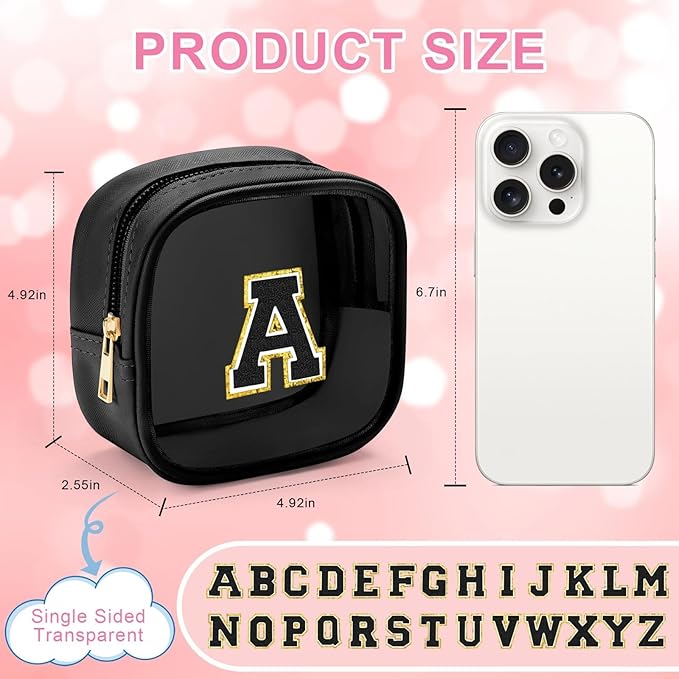 YOOLIFE Initial Makeup Bag Travel Toiletry Bag, Clear Makeup Bag Car Accessories For Women Clear Makeup Bags With Zipper Girlfriend Teacher 10 Year Old Girl Gifts Daughter Girl Gifts Mini Black T