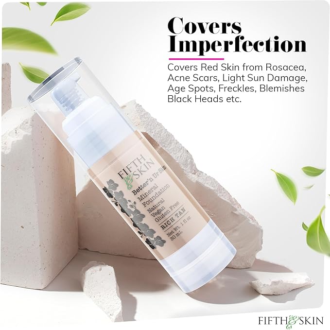 Fifth & Skin: Better’n Ur Skin Liquid Foundation (RICH TAN) - Natural, Organic, Vegan, Cruelty-Free - Gluten-Free Beauty with Buildable Coverage and Palm-Free Luxury - 1 oz