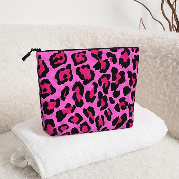 MOLAIGIN Cheetah Pink Leopard Pattern Cool Black Cosmetic Bag For Women, Travel Makeup Bag, Toiletry Zipper Bag, Large Capacity Aesthetic Cases