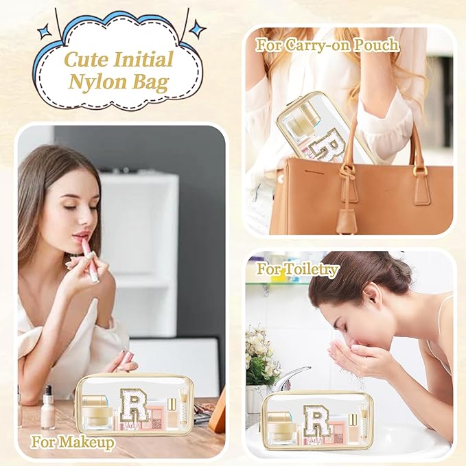 Small Clear Personalized Initial Makeup Bag,Nylon Preppy A-Z Chenille Letter Patch Cosmetic Pouch Beach Toiletry Bag,Waterproof Zipper Travel Purse Storage Bag Organizer for Women Girls(Beige-White R)