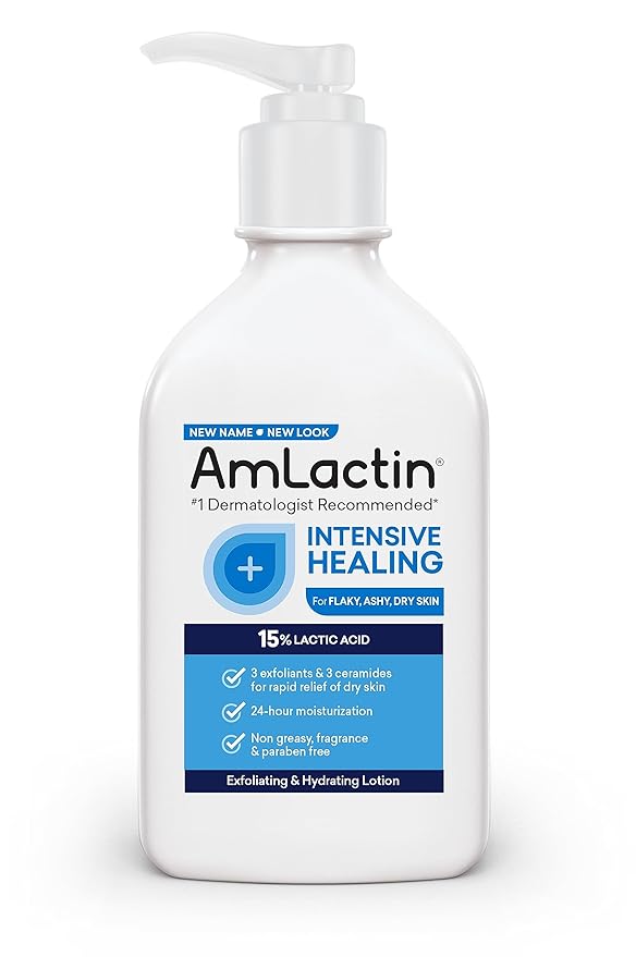 AmLactin Intensive Healing Body Lotion for Dry Skin - 14.1 oz and 7.9 oz Pump Bottles - 2-in-1 Exfoliator & Moisturizer with Ceramides & 15% Lactic Acid