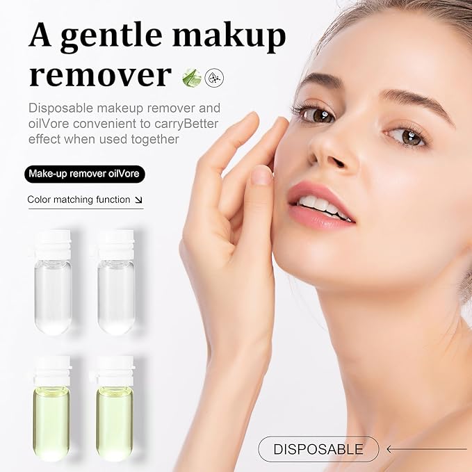 2 in 1 Disposable Makeup Remover Set, Portable Mini Liquid Remover Oil serum 10 Pieces, Includes 20 Remover Cottons, Natural Deep Cleanser for Face, Portable Skincare Facial Oil