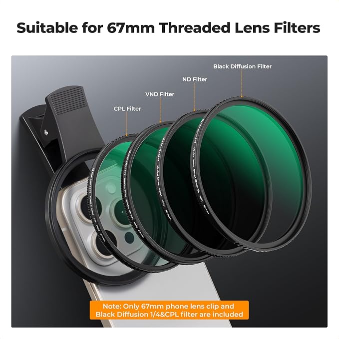 K&F CONCEPT 67mm Clip-on Black Diffusion 1/4&CPL Phone Camera Lens Filter Kit - Image 4