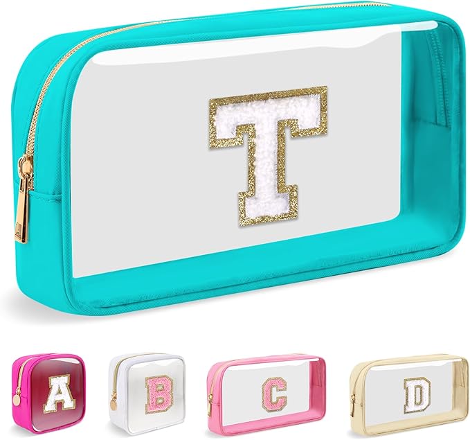 Small Clear Personalized Initial Makeup Bag, Preppy Nylon A-Z Chenille Letter Patch Makeup Organizer TSA Approved Travel Toiletry Bag,Waterproof Zip Beach Cosmetic Pouch Purse for Women(Cyan-White T)