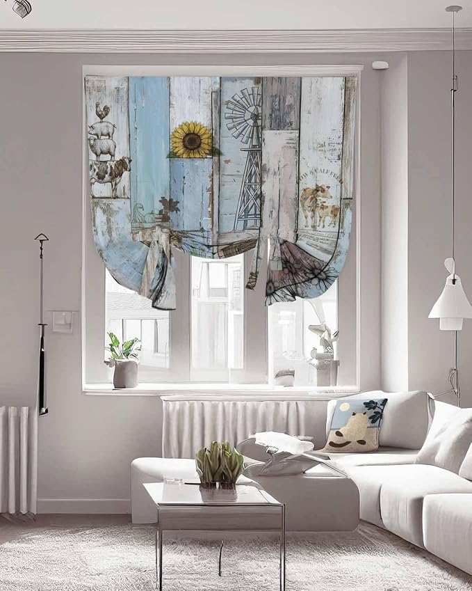 Tie Up Curtains for Windows, Farmhouse Barn Sunflowers Retro Room Darkening - Image 3