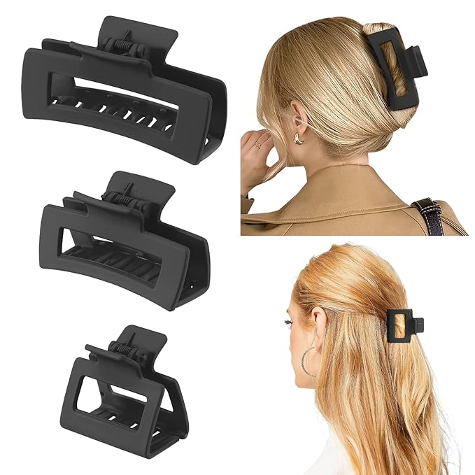 Shinowa 3 Pack Hair Claw Clips, Square Rectangular Claw Hair Clips for Women Girls, Non-slip Matte Large Medium Small Hair Clips, Strong Hold Jaw Clip for Thick Thin Hair, Black