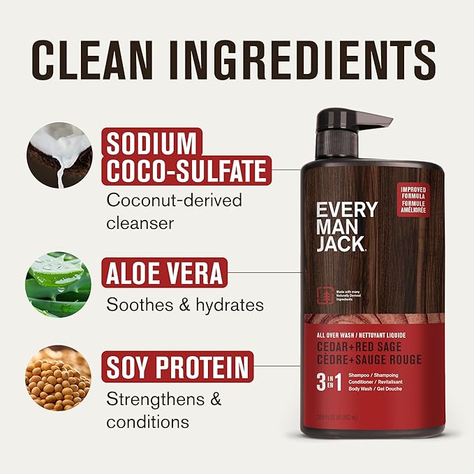 Every Man Jack Cedar + Red Sage Hydrating Mens 3-in-1 All Over Wash for All Skin and Hair Types - Body Wash, Shampoo and Conditioner with Naturally Derived Ingredients - 28.8oz (2 Pack)