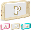 Personalized Initial Letter Clear Makeup Bag,Preppy Small Nylon&PVC Cosmetic Zipper Bag with Chenille Letter,Portable Beach Travel Skincare Toiletry Bag,Trendy Monogram Gift for Teen Girls Women,P