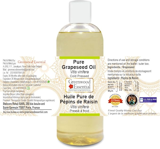Greenwood Essential Pure Grapeseed Oil (Vitis vinifera) Cold Pressed 200ml (6.76 oz)