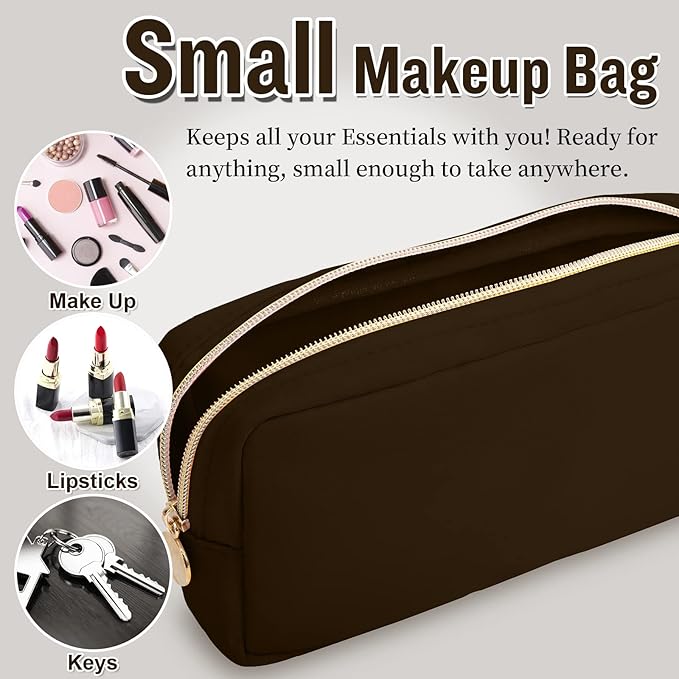 Nylon Small Makeup Bag for Purse, Cute Preppy Makeup Bag Cosmetic Zipper Pouch Purse, Waterproof Portable Travel Toiletry Bag Clutch Make Up Brush Bag Organizer Storage for Women Men Girls(Brown)