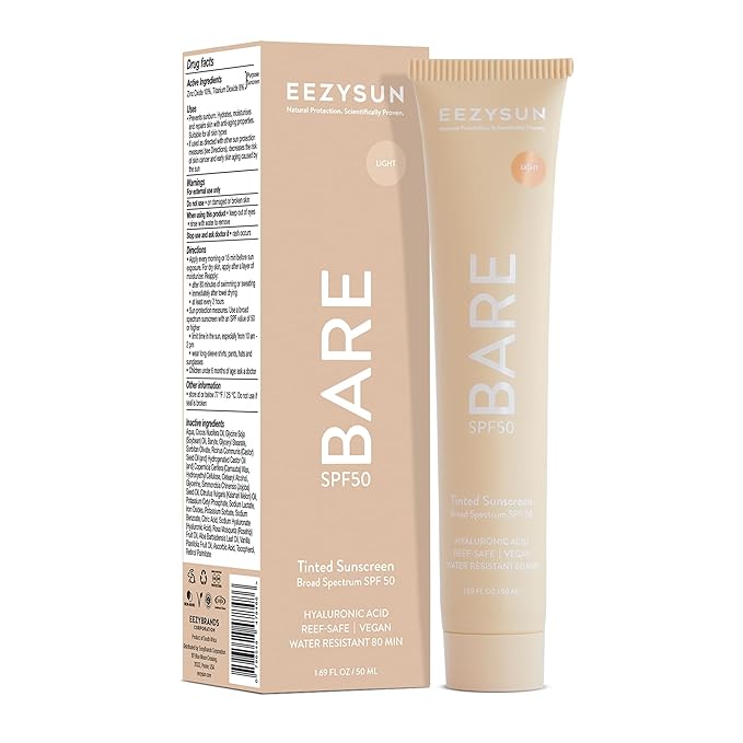 BARE Tinted Sunscreen SPF 50 – Non-Greasy, Water-Resistant, Vegan & Reef-Safe with Hyaluronic Acid & Jojoba Oil – 1.69 fl oz – Light