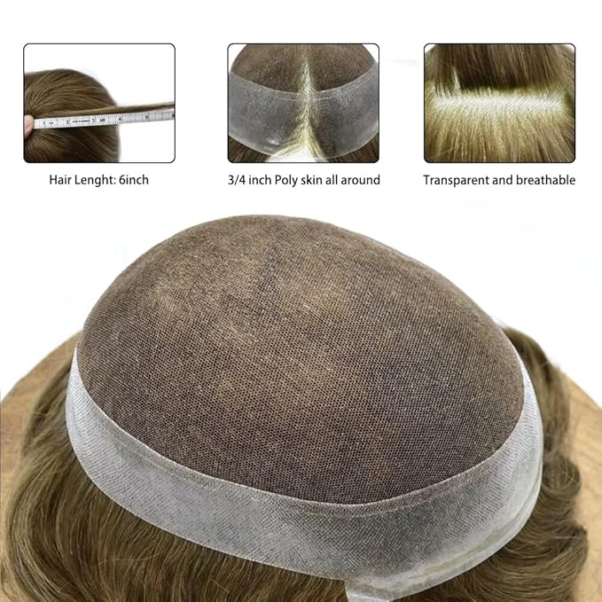 FACE MIRACLE Mens Toupee Lace Front Hairpieces Soft Human Hair Replacement System Natural Hairline Toupee for Men French Lace Poly V-Looped Mens hair Units 6"X8" 7# VERY LIGHT BROWN