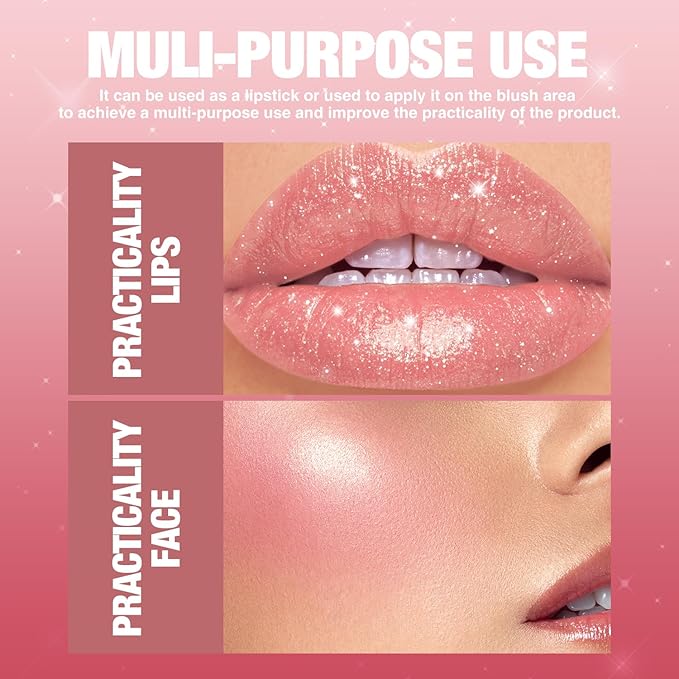 Jolilab Sparkling Lip Gloss, Long Lasting Waterproof Moisturizer Lip Balm Glitter Shimmer Metallic Lipstick, Diamond Shiny Bold Glow Goth Lipstick for Women Girls, Non-sticky (2, 07#*2)
