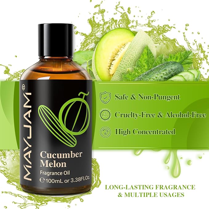MAYJAM 100ML/3.38FL.OZ Cucumber Melon Fragrance Oils with Glass Dropper, Essential Oils for Diffusers for Home, Long Lasting Scented Oils for Diffusers Soap Candle Making