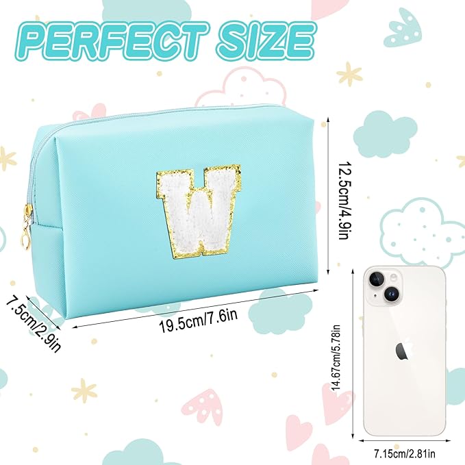 Gifts for Girls Initial Makeup Bag Personalized Cosmetic Bag with Zipper Cute Travel Toiletry Bag Waterproof PU Preppy Makeup Pouch Birthday Gift for Teen Girls Women(Blue W)