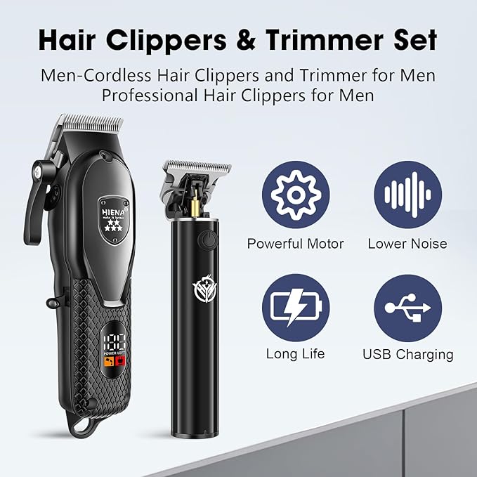 HIENA PRO Professional Hair Clippers Set for Men,Cordless Rechargeable Clippers Set and Trimmers Kit, Haircut Clipper Set for Barbers with LED Display, Gifts for Men