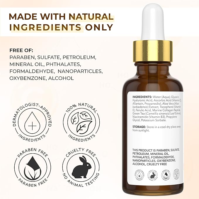 All Natural Pure 20% Vitamin C Serum For Face + 6 Active Boosters for Dark Spots, Wrinkles, Brightening, Hydrating, Even Tone, Healthy Glow with Niacinamide, Hyaluronic Acid, Ferulic Acid, Vitamin E