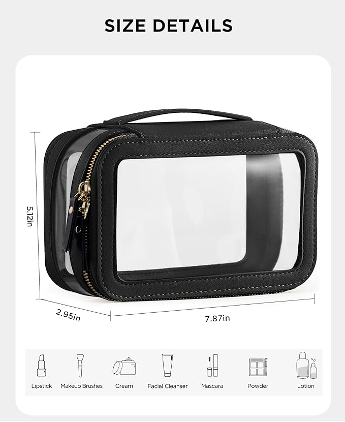 HBlife Clear Makeup Organizer, Portable Travel Toiletry Cosmetic Case for Women, Medium Make Up Train Case Transparent Storage Pouch with Handle(Black)