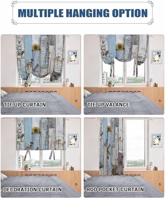 Tie Up Curtains for Windows, Farmhouse Barn Sunflowers Retro Tie Up Light - Image 5
