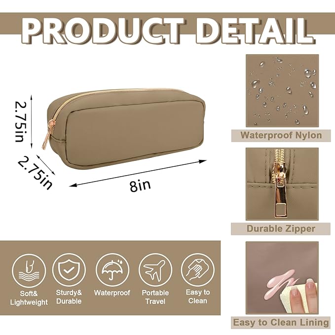 Small Pencil Case Makeup Bag for Purse, Cute Pencil Pouch Preppy Nylon Makeup Brush Pouch with Zipper, Girls Portable Stationery Storage Case for Office School College(Slim-Khaki)