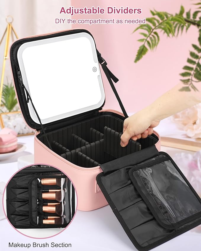 Relavel Initial Makeup Bag with LED Mirror for Women Girls, Personalized Travel Cosmetic Organizer Train Case, Birthday Gifts for Grandkids Bridesmaid Graduation Teacher Friends, Trendy Stuff, Pink B