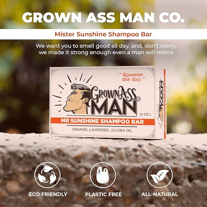 Grown Ass Man Co. - Solid Shampoo Bar Rich Lather 3 in 1: Hair, Beard & Body Wash - Plastic Free & Eco-Friendly, Natural & Organic Clean for All Hair Types, 4oz Bar (Mister Sunshine, Single)