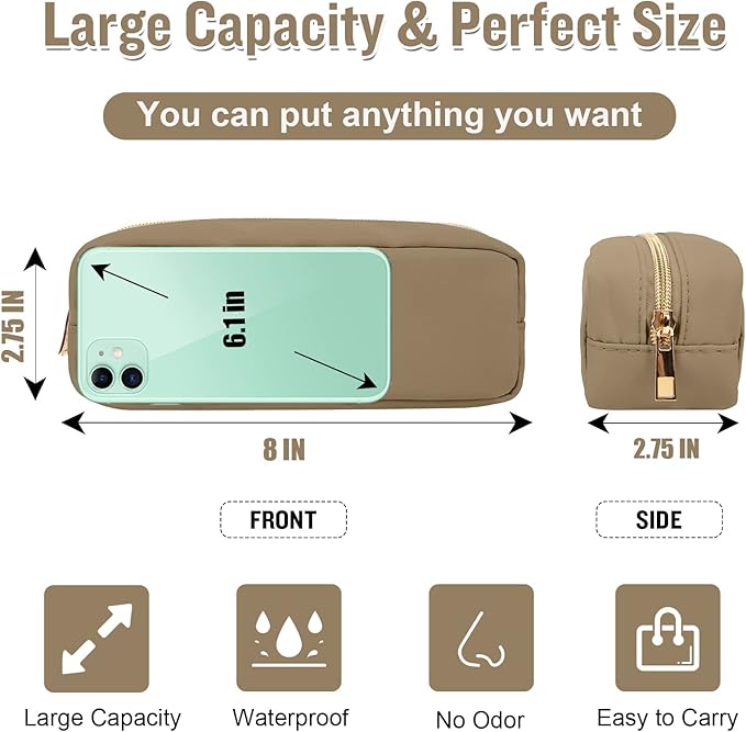 IZUZTA Nylon Slim Makeup Bag, Preppy Cute Makeup Brush Case Bag, Waterproof Travel Toiletry Bag Clutch Coin Pouch Make Up Organizer for Women Girls (Khaki)