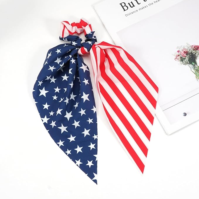 American Flag Hair Ties for Women Girls Independence Day 4th of July Hair Scrunchies Red White Blue Star Patriotic Hair Tie Memorial Day Ribbon Hair Bows