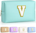 TOPEAST Initial Makeup Bags for Women, Personalized Portable Cosmetic Bag for Travel, Cute Makeup Pouch, PU Leather Waterproof Toiletry Bag, Preppy Things for Girl (Blue V)