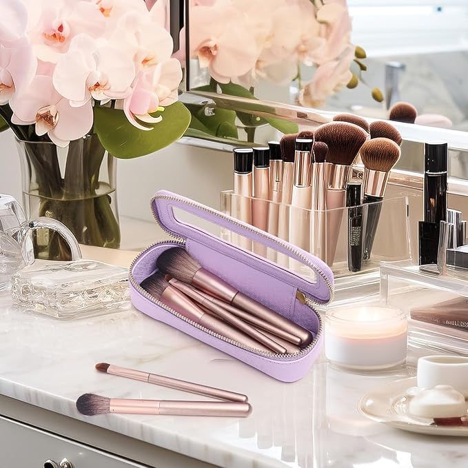 Pinkmik Makeup Brush Bag Slim Clear Makeup Bag Transparent Travel Cosmetic Case & Toiletry Bag with Zipper Small Beatuy Makeup Bag Purse Organizer for Women (X/Purple, SLIM)