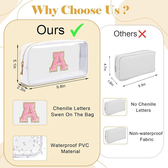 Personalized Initial Letter Clear Makeup Bag,Preppy Small Nylon&PVC Cosmetic Zipper Bag with Chenille Letter,Travel Skincare Toiletry Bag,Monogram Christmas Gift for Teen Girls Women,S