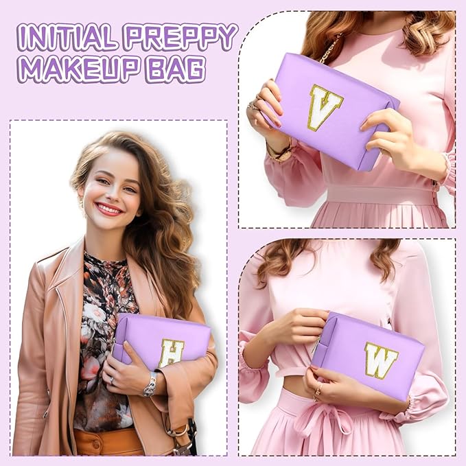 TOPEAST Initial Cosmetic Bag, PU Leather Waterproof Travel Toiletry Bag, Monogrammed Gifts for Women, Personalized Birthday Gift for Sister Friends, Cute Stuff for Girls (Purple K)