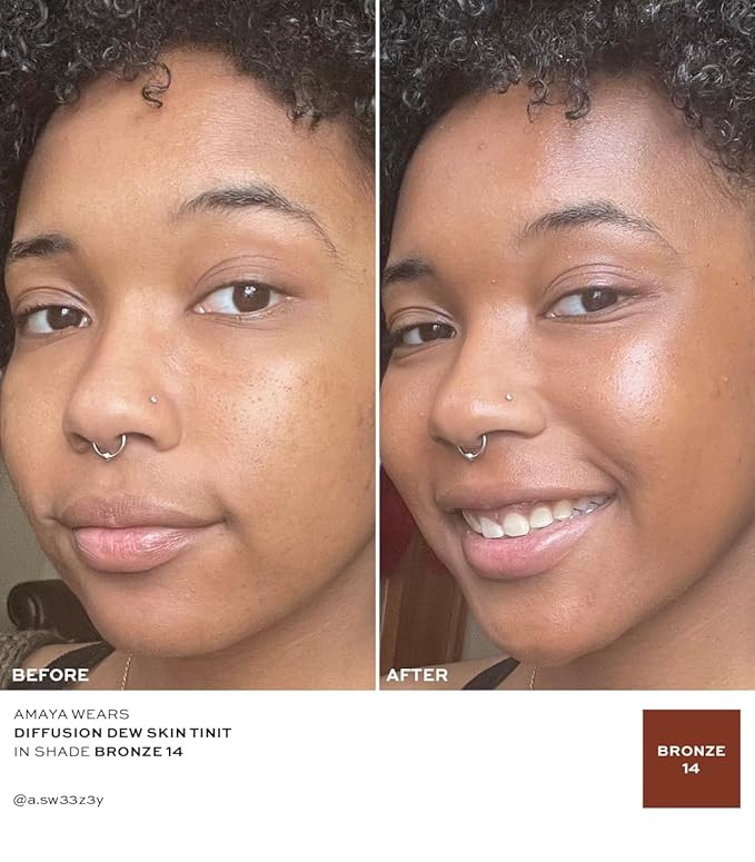 MAKE Beauty Diffusion Dew Skin Tint. Sheer to Medium Coverage Radiant Finish. Blurring, Smoothing, and Brightening for Glowing Complexion. Enhanced with Niacinamide and Adenosine. Bronze 14