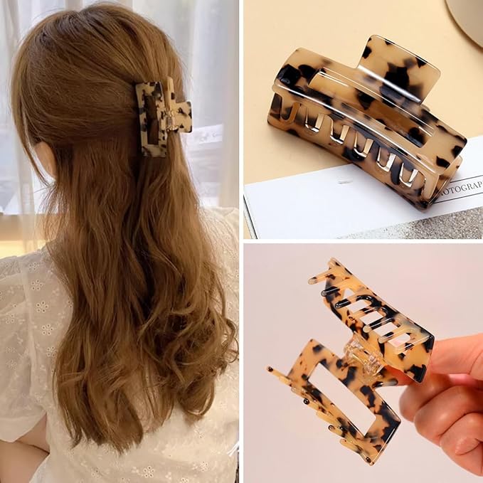 3 inch Hair Claw Clips Cutout Tortoise Shell Celluloid Hair Jaw Clips French Design Rectangle Hair Clamp for Women Ladies Mother (2 Pack)