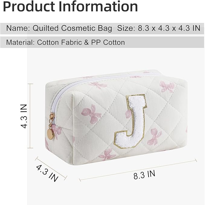Gleyemor Personalized Initial Makeup Bag for Women, Cute Quilted Pink Floral Cotton Cosmetic Bag, Christmas Gifts for Her Mom Friend Sister Bridesmaid Teacher Women J