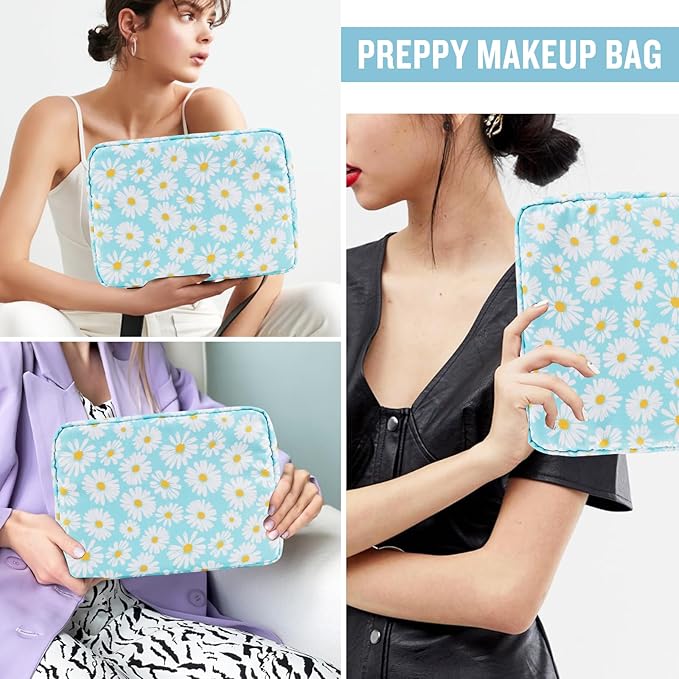 Nylon Large Floral Makeup Organizer Bag, Preppy Big Cute Flower Cosmetic Zipper Pouch Multi-compartment with Dividers, Waterproof Toiletry Make Up Brushes Bag Travel Essentials for Women(Blue-Daisy)