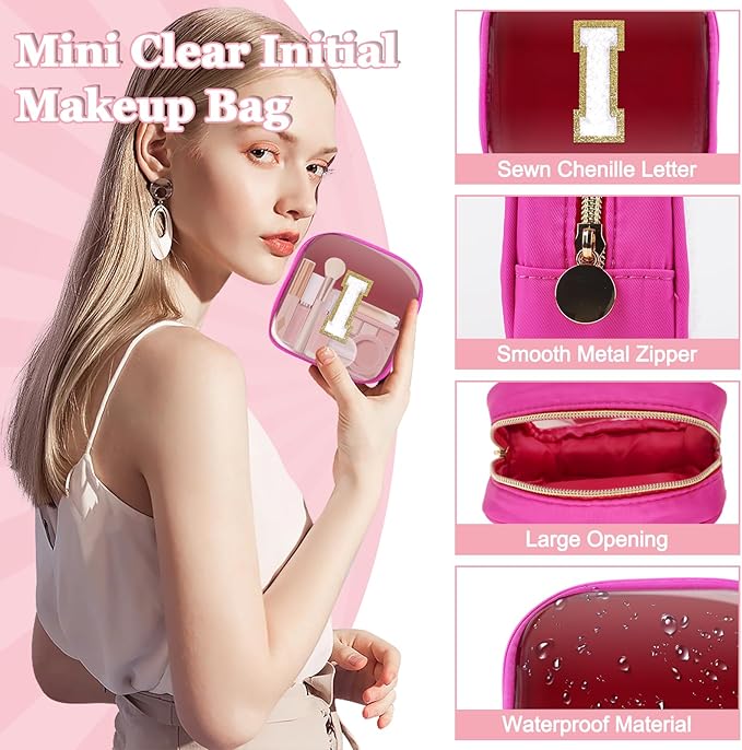 Mini Clear Personalized Initial Makeup Bag,Nylon Preppy A-Z Chenille Letter Patch Zipper Cosmetic Bag, Small Cute Beach Pouch Travel Purse Sanitary Napkin Storage Bag for Women Girls(Hot Pink-White I)
