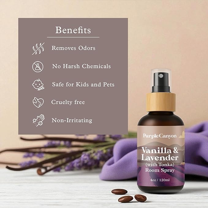 Purple Canyon Vanilla & Lavender with Tonka Room Spray — 4 oz Natural Linen & Room Freshener — Soothing Floral & Sweet Aroma — Spa-Like Relaxation — Premium Natural Fragrance Oils